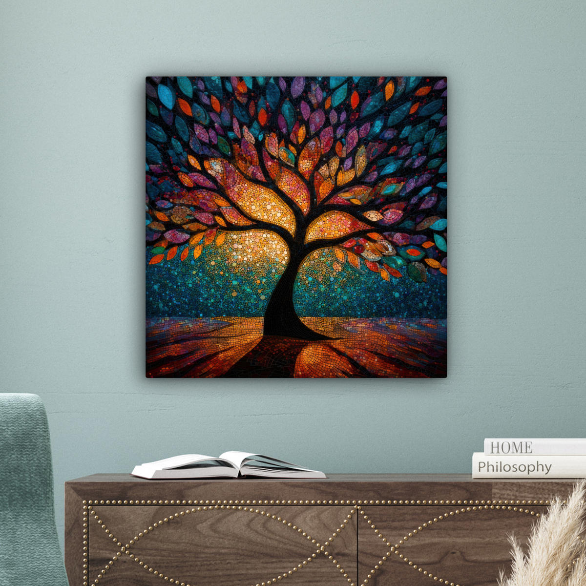 LEINWANDBILD Mosaik - Bunt - Baum - Äste Wandbild Wohnzimmer 50x50 cm - Multicolor, Textil (50/50cm) - MuchoWow
