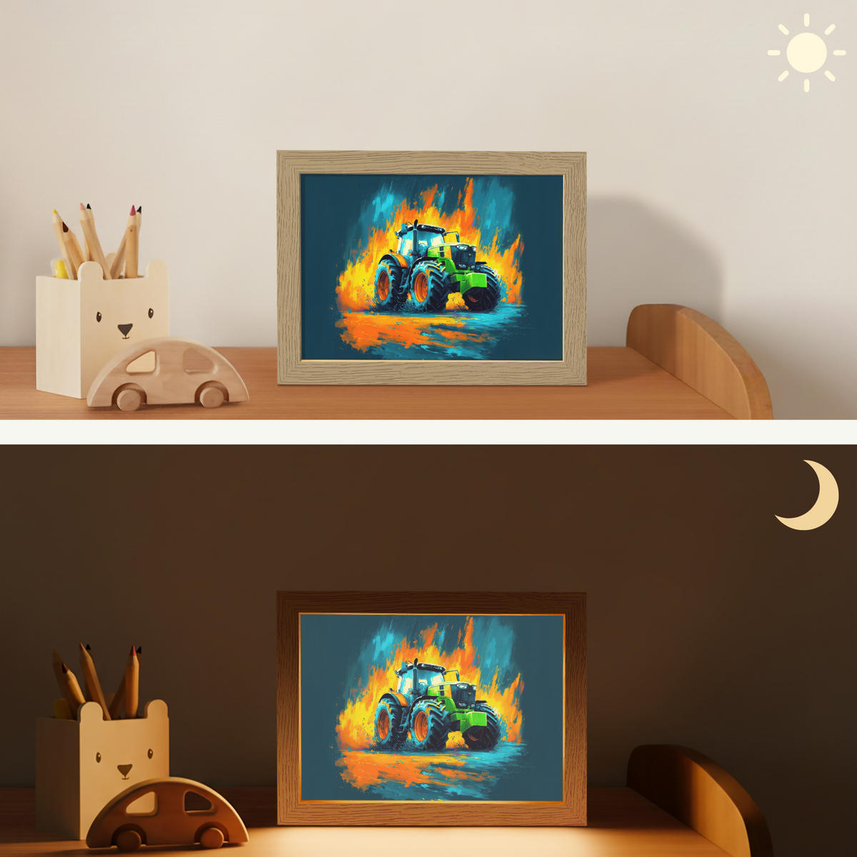 NACHTTISCHLAMPE Abstrakt - Traktor - Grün 20x15 cm - Dunkelblau, Holzwerkstoff (8/20/15cm)