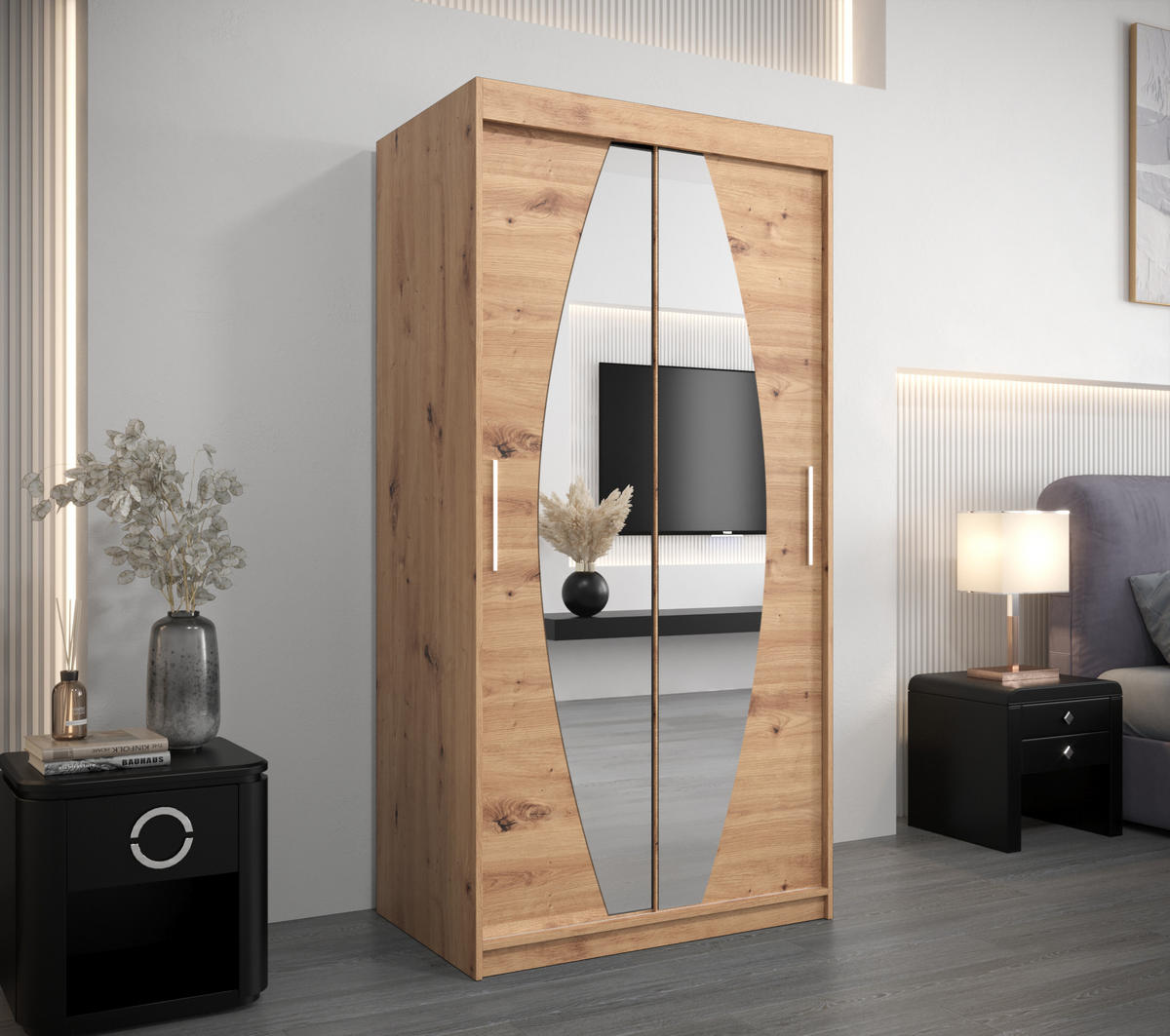 SCHWEBETÜRENSCHRANK 200/100/62 2-türig - Silberfarben/Eiche Artisan, Holz/Kunststoff (100/200/62cm) - MÖBEL KRYSPOL