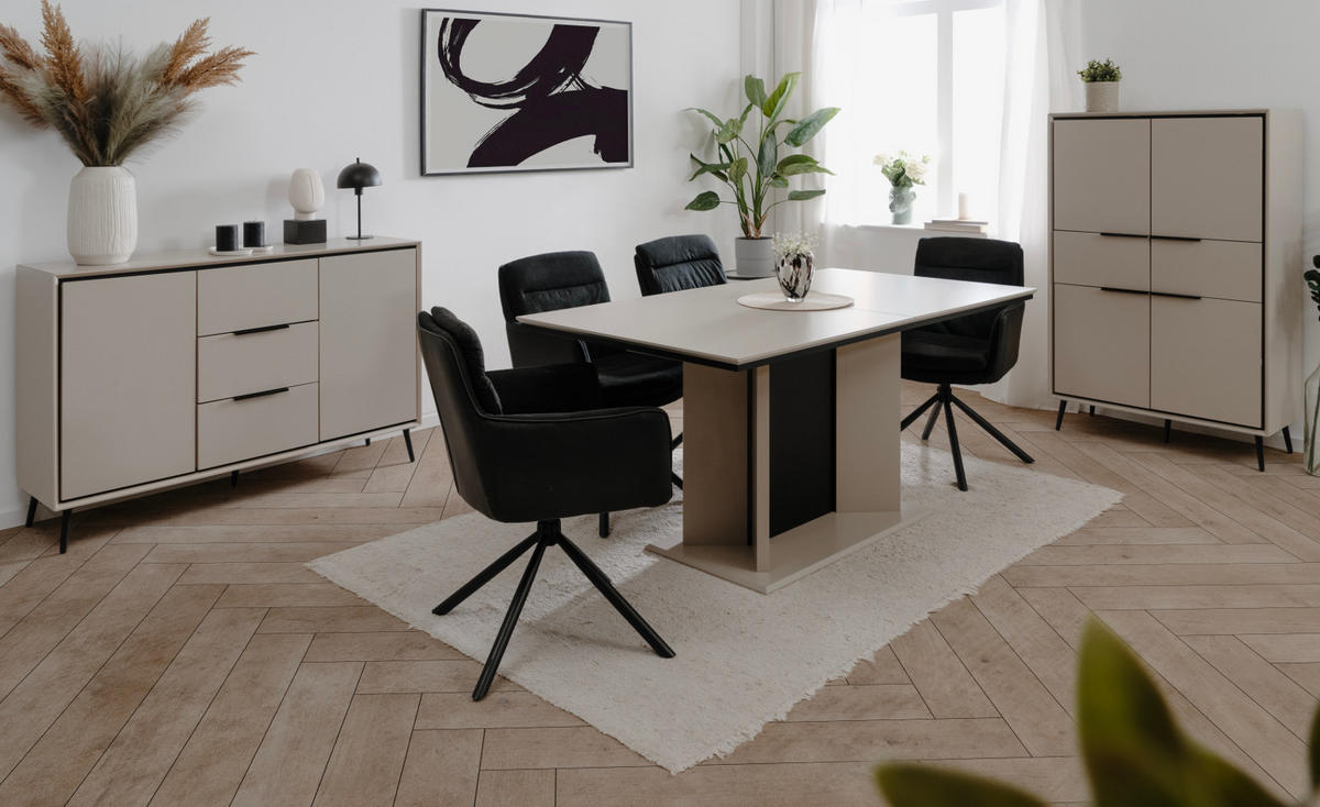 ESSTISCH sand, schwarz, Säulentisch ausziehbar 160 - 200 x 90 cm - Sandfarben/Schwarz, Holzwerkstoff (160/90/76cm) - Furn.Design