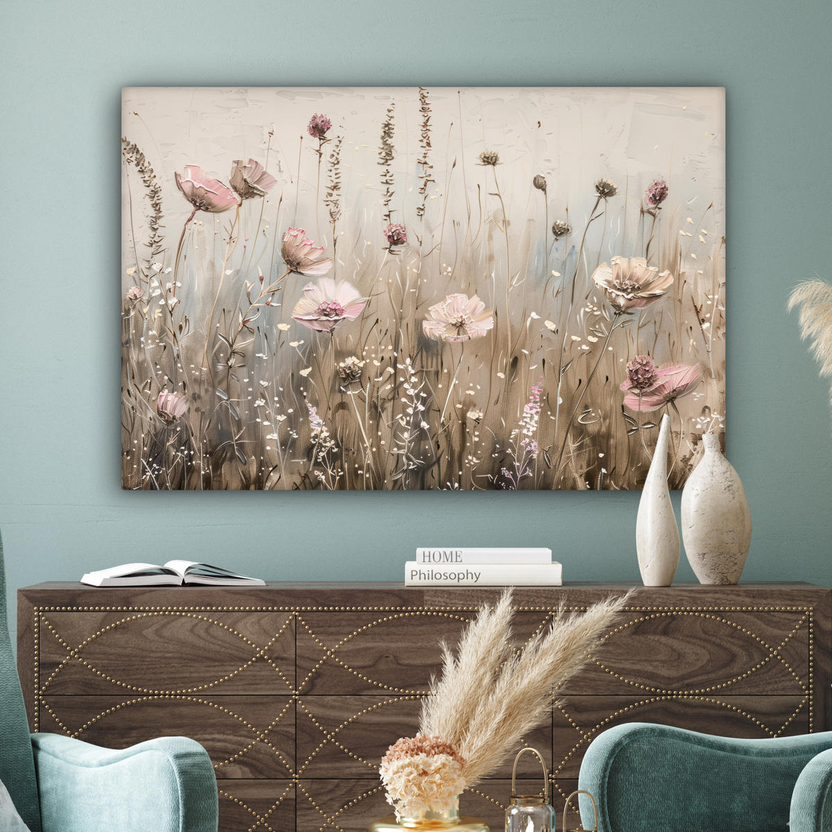 LEINWANDBILD Blumen - Rosa - Modern - Beige Wohnzimmer 120x80 cm - Beige, Textil (120/80cm) - MuchoWow