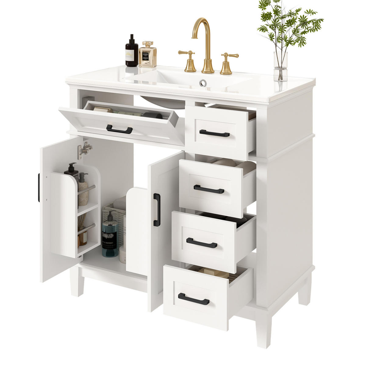 WASCHTISCHKOMBI 90x46x87 cm Weiß aus Keramik & Spanplatte mit geräuschlosen Schubladen - Weiß, Holzwerkstoff (90/87/46cm) - Modfu