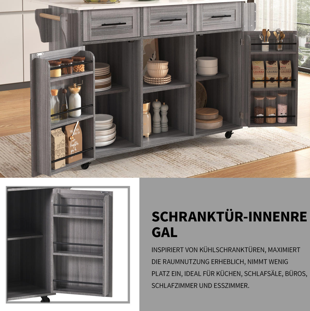 KÜCHENINSELWAGEN 139x71x91.5cm Grau mit Falttisch, Schubladen & Rollen - Grau, Holzwerkstoff (139/91.5/71cm) - Modfu