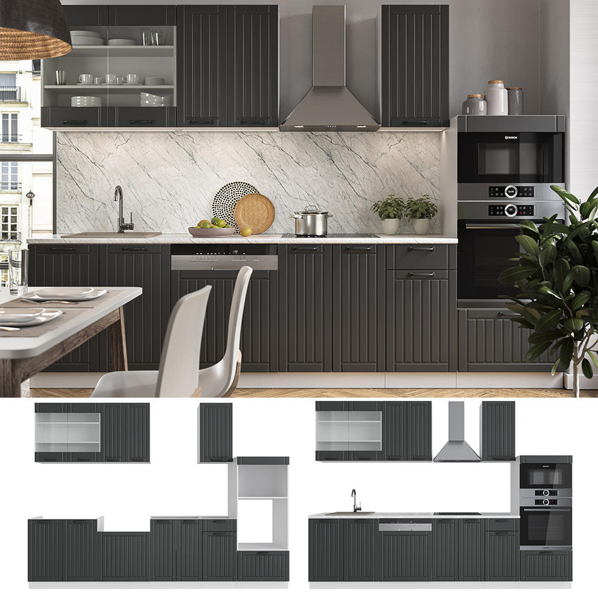 KÜCHENZEILE Fame-Line Anthrazit Landhaus/Weiß 300 cm mit Hochschrank AP Marmor - Dunkelgrau/Weiß, Holzwerkstoff (300/81.6/60cm) - Vicco
