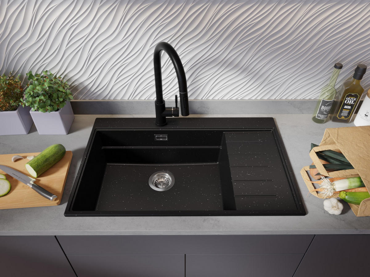 SPÜLBECKEN Sydney, 2-er set Schwarz Metallic 78/50 cm 1 Becken + Ablauf-Set + Küchenzubehörset ab 60er Unterschrank - Chromfarben/Schwarz Hochglanz, Kunststoff (78/20/50cm) - Primagran