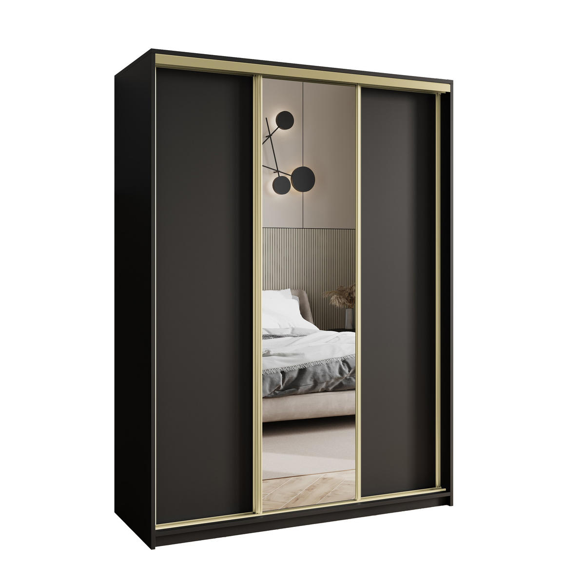 SCHWEBETÜRENSCHRANK TAVI 150/205/60 cm 3-türig mit Spiegel Schwarz - Schwarz, Holzwerkstoff (150/205/60cm) - MASSENO