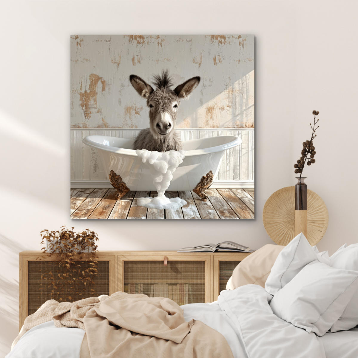 KOVOVÝ OBRAZ Osol - Zvieratá - Vaňa - Pena 90x90 cm - biela, kov (90/90cm) - MuchoWow