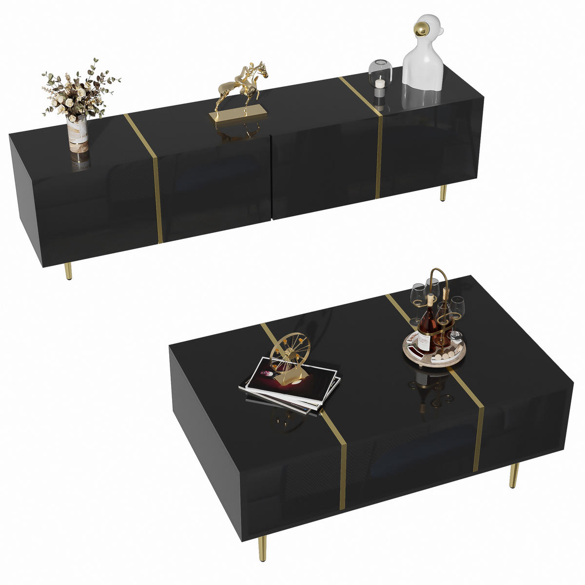 TV-SCHRANK Couchtisch Set schwarz - Schwarz, Holzwerkstoff (170/46/35cm)