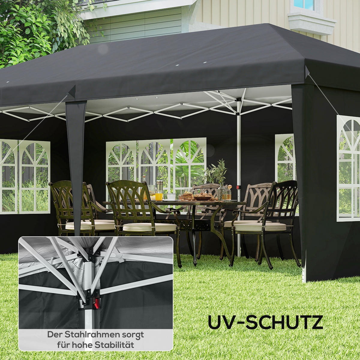 PAVILLON ca. 3x6m Wasserdicht Pop-up Faltpavillon mit 4 Seitenwänden, Fenster - Schwarz, Textil (295/270/585cm) - Outsunny