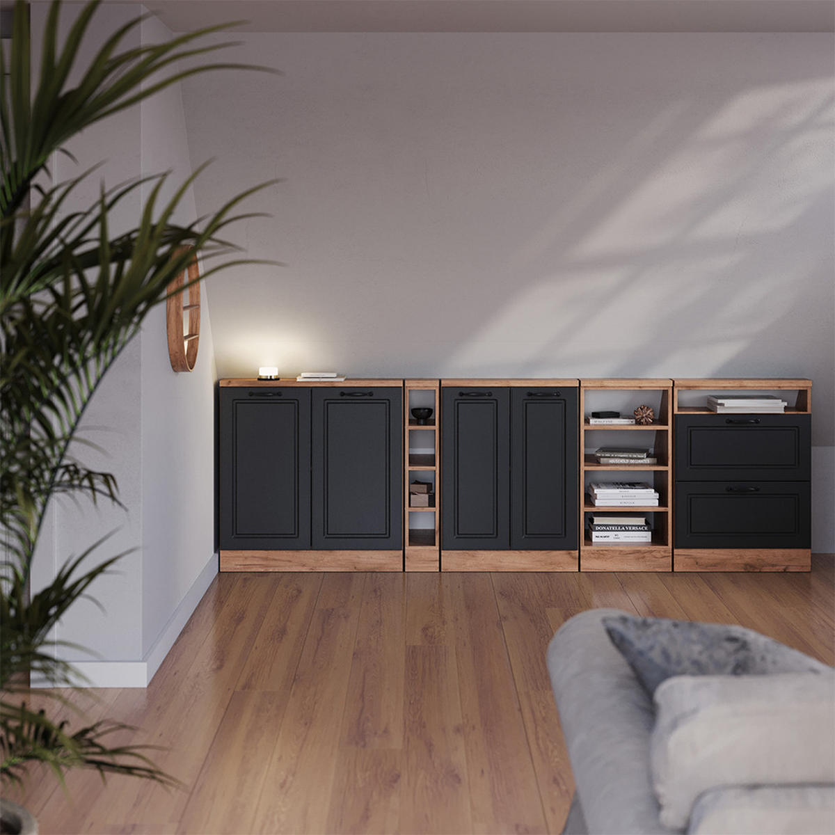 DACHSCHRÄGENSCHRANK Rion Anthrazit Landhaus/Goldkraft Eiche mit 2 Schubladen - Honigeiche/Anthrazit, Holzwerkstoff (60/81.6/46cm) - Vicco