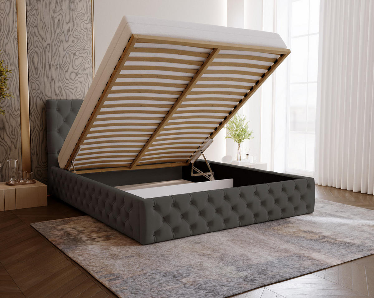 POLSTERBETT 200x200 Verti Slim, Chesterfield, Dunkelgrau - Dunkelgrau, Holz/Textil (200/200cm) - Emporius