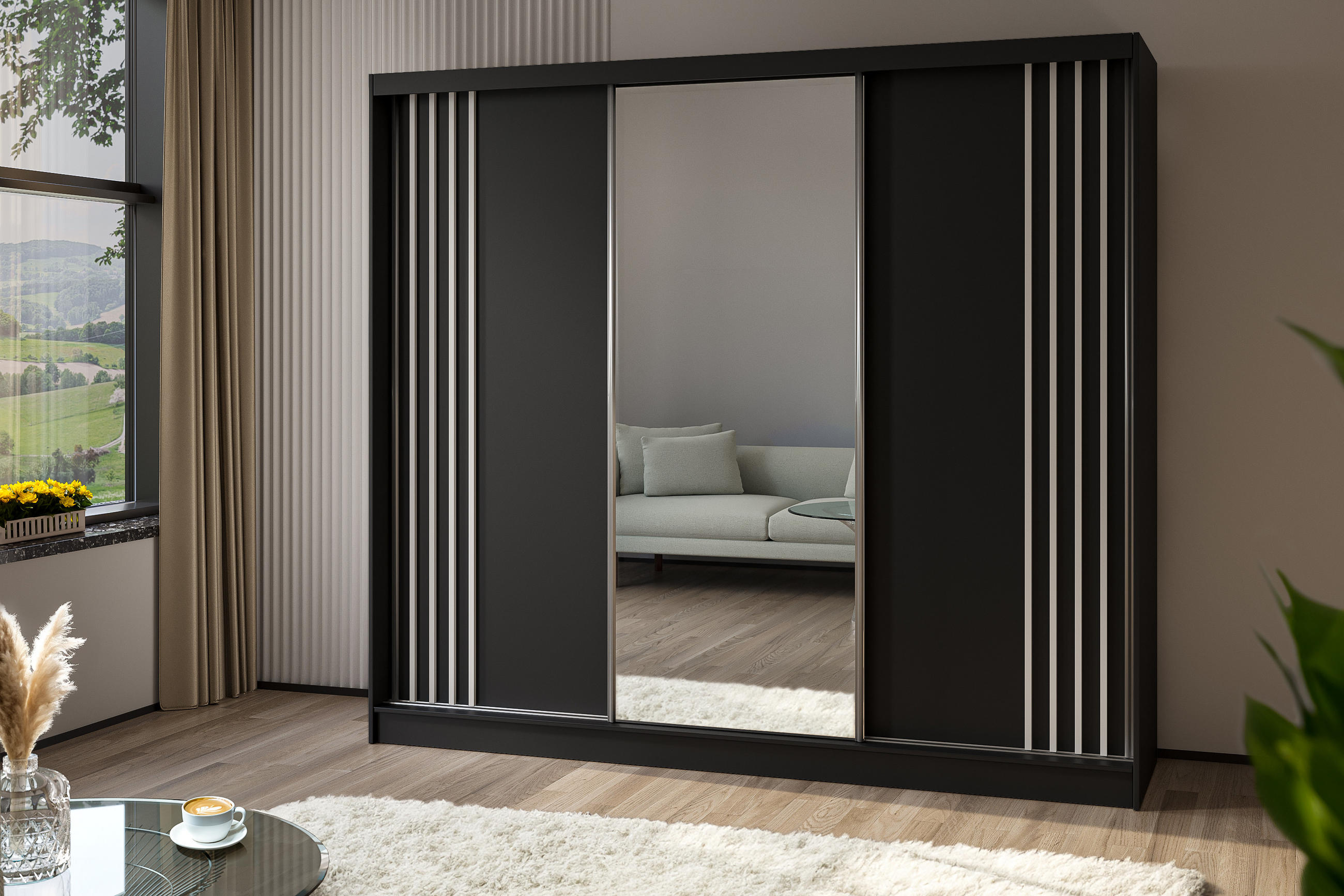 KLEIDERSCHRANK mit Spiegel-Schiebetüren und Aluminium-Leisten, LED-Beleuchtung - NALLA - 240 cm Schwarz+Schwarz+Weiß - Schwarz/Weiß, Holzwerkstoff (240/216/61cm) - ALTDECOR