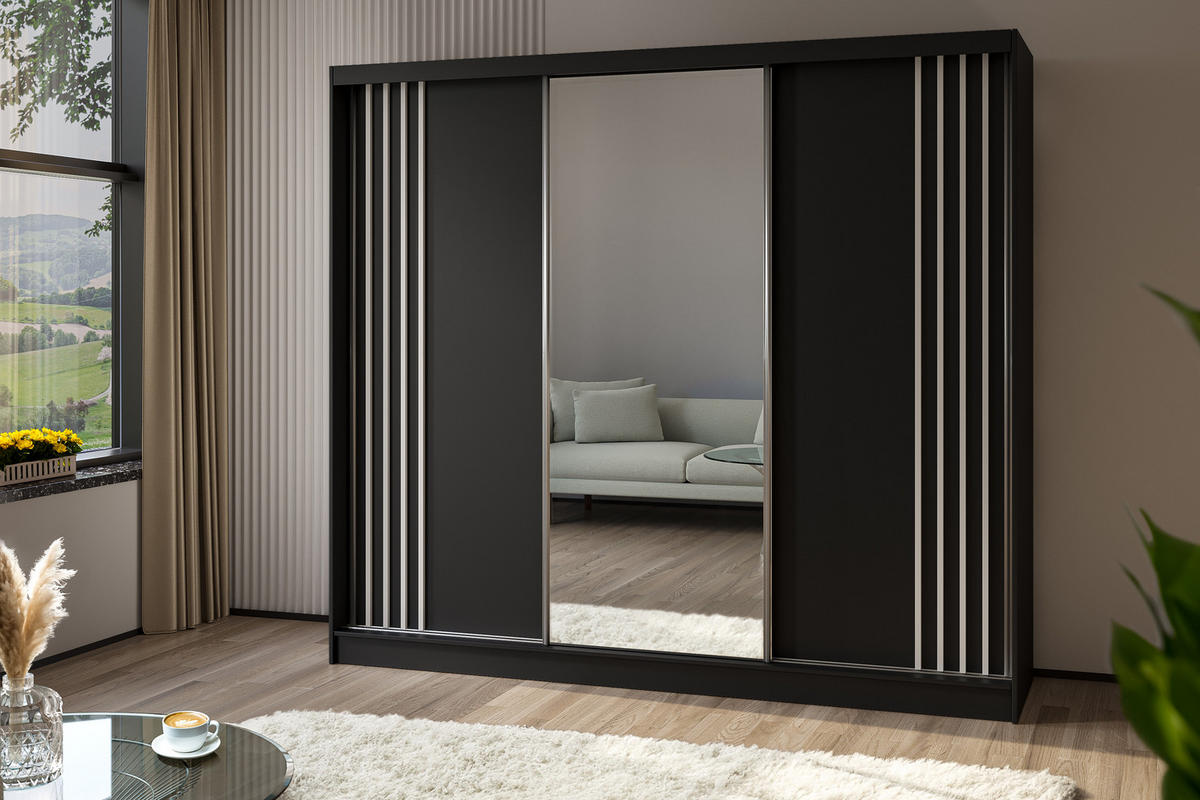 KLEIDERSCHRANK mit Spiegel-Schiebetüren und Aluminium-Leisten - NALLA - 240 cm Schwarz+Schwarz+Weiß - Schwarz/Weiß, Holzwerkstoff (240/216/61cm) - ALTDECOR