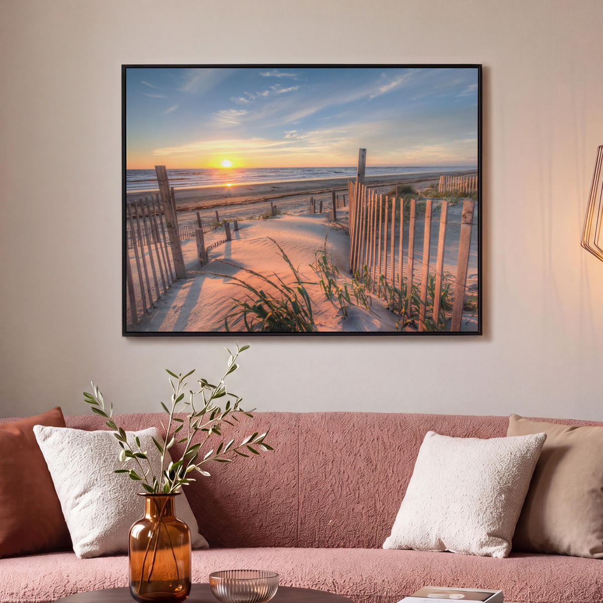 LEINWAND Bilder mit Rahmen - Strand - Meer - Düne - Sonnenuntergang - Landschaft - 100x70 - Beige, Textil (100/70cm) - MuchoWow