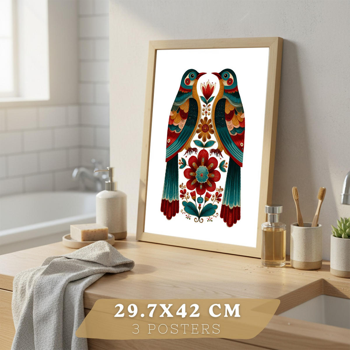 PLAKÁT Sada 3 dekorativních koupelnových tisků Světlý dřevěný rám A3 - béžová, papír (42/29.7/3cm) - Nacnic