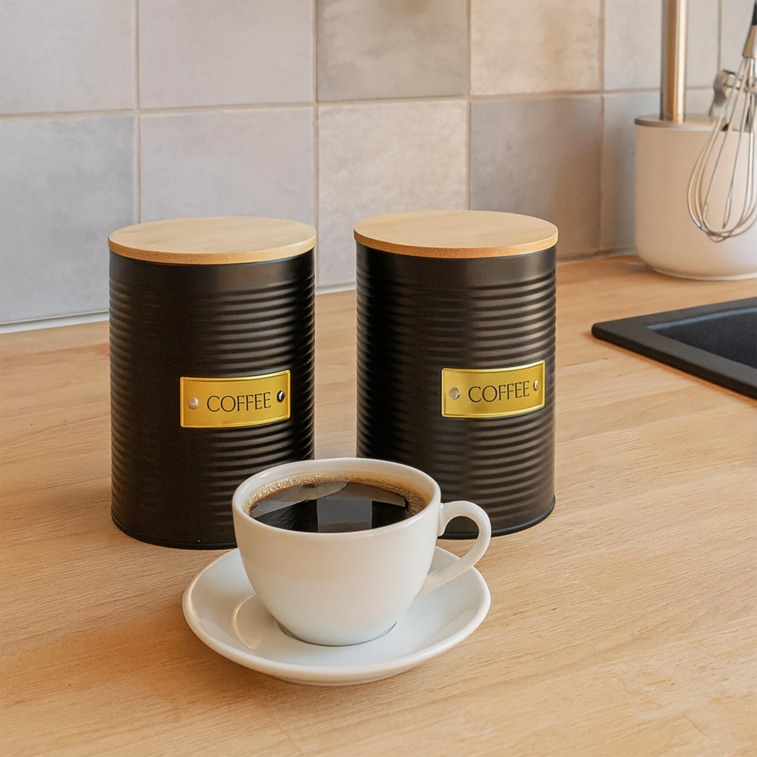 KAFFEEDOSE 2er Set - Schwarz, Holz/Metall (11/16cm) - Relaxdays