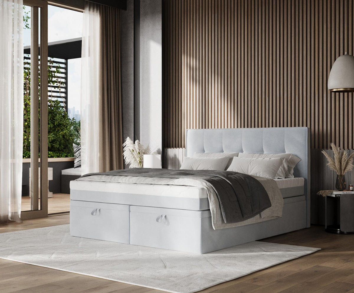 BOXBETT Arivo 200/200 cm Hellgrau im Paros Stoff - Hellgrau/Schwarz, Holz/Holzwerkstoff (200/200cm) - AltaBeds