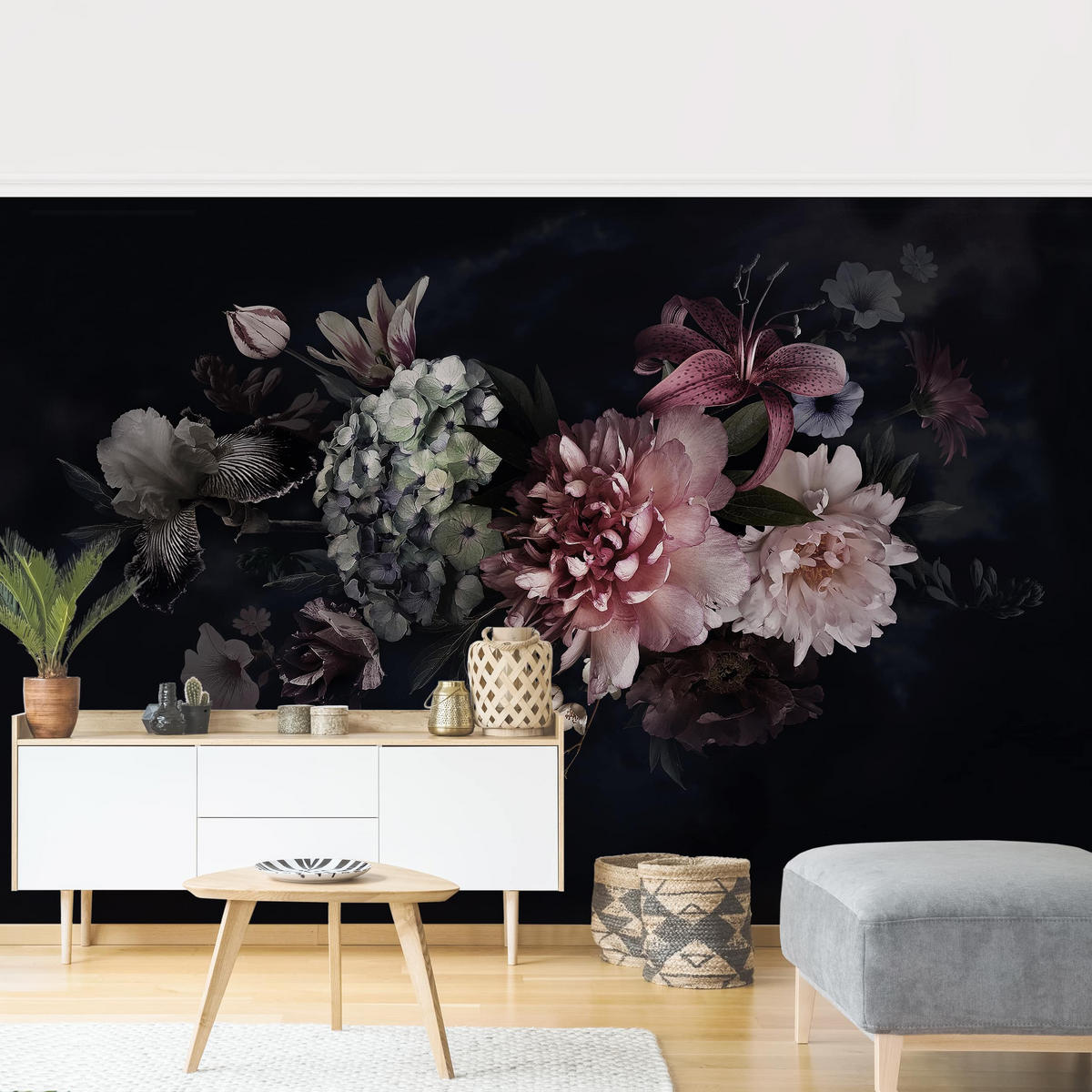 FOTOTAPETE Blumen mit Nebel auf Schwarz 336/225 cm - Schwarz, Papier (336/225cm) - Bilderwelten