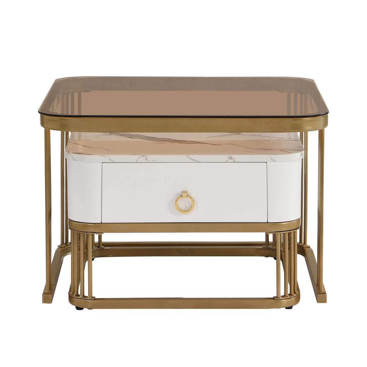 COUCHTISCH 60/60 cm und 50/50 cm hochglänzende Marmoroptik mit Goldakzenten - Weiß, Holzwerkstoff (60/60/45cm) - OKWISH