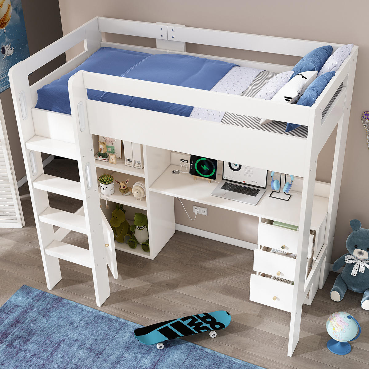 HOCHBETT 90/200 cm Weiß mit USB-C Schreibtisch und Kleiderschrank - Weiß, Holzwerkstoff (90/200cm) - OKWISH