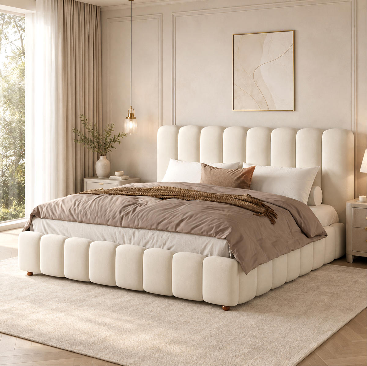 POLSTERBETT aus Samt 180x200 cm Beige mit hydraulischem Bettkasten und Lattenrost - Beige, Textil (180/200cm) - Modfu