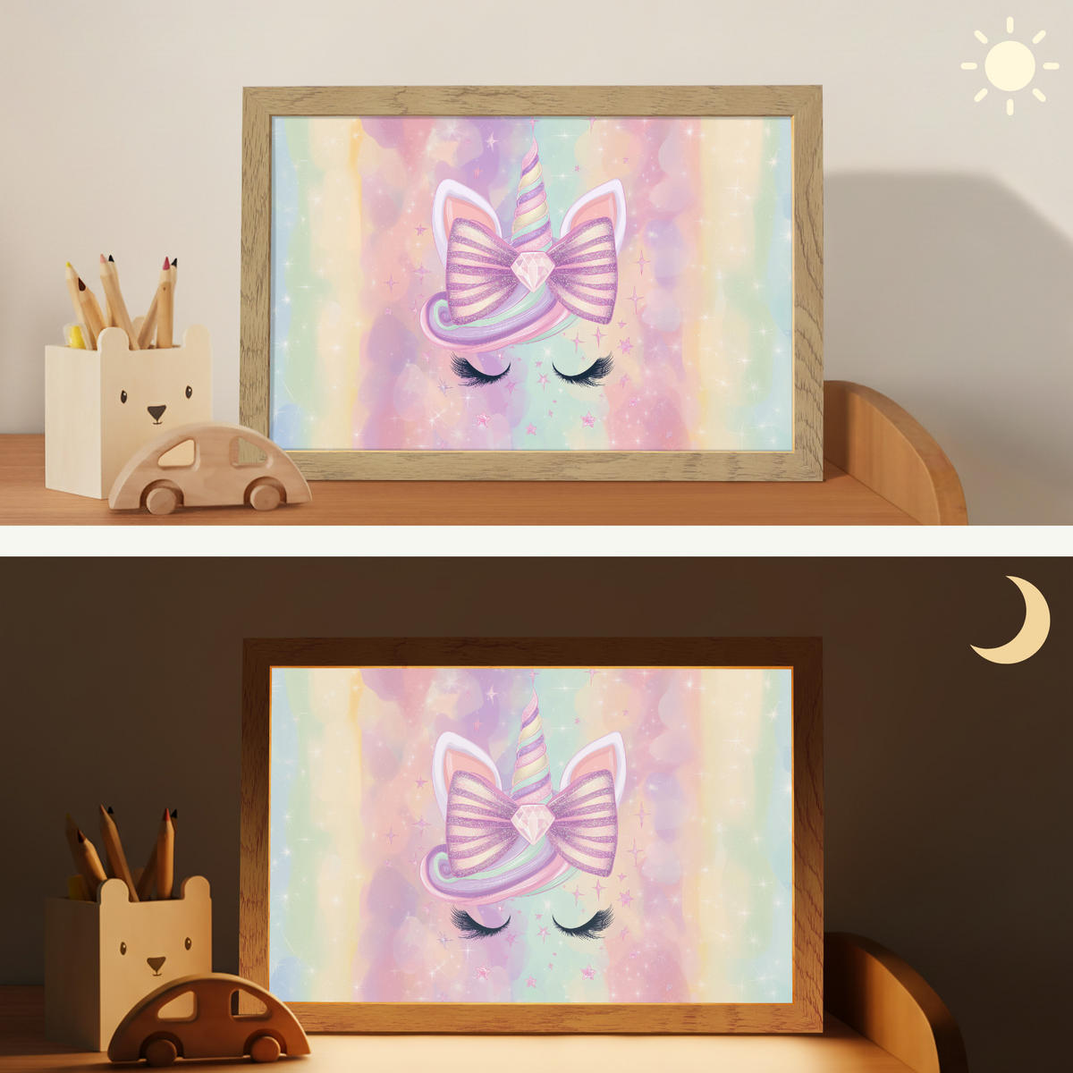 NACHTTISCHLAMPE Einhorn - Glitzer - Regenbogen - Pastell 30x20 cm - Hellrosa, Holzwerkstoff (8/30/20cm)