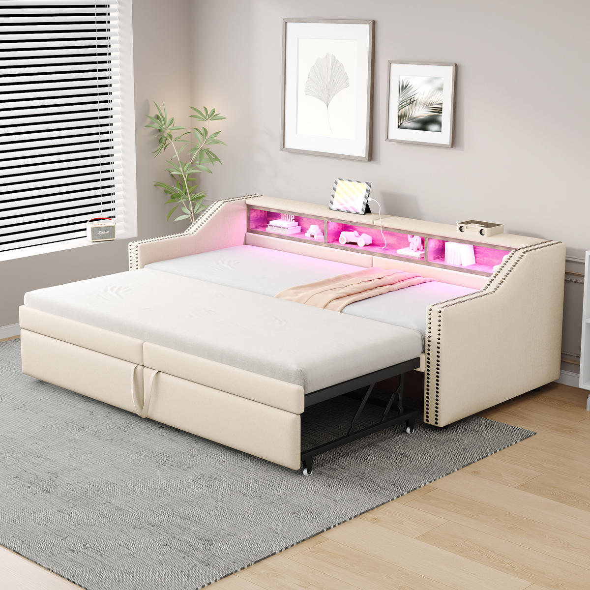 AUSZIEHBETT 90/180/200 cm DE-01942, in Beige, mit LED, USB und Staufach - Beige, Metall (90/200cm) - ComfortXL