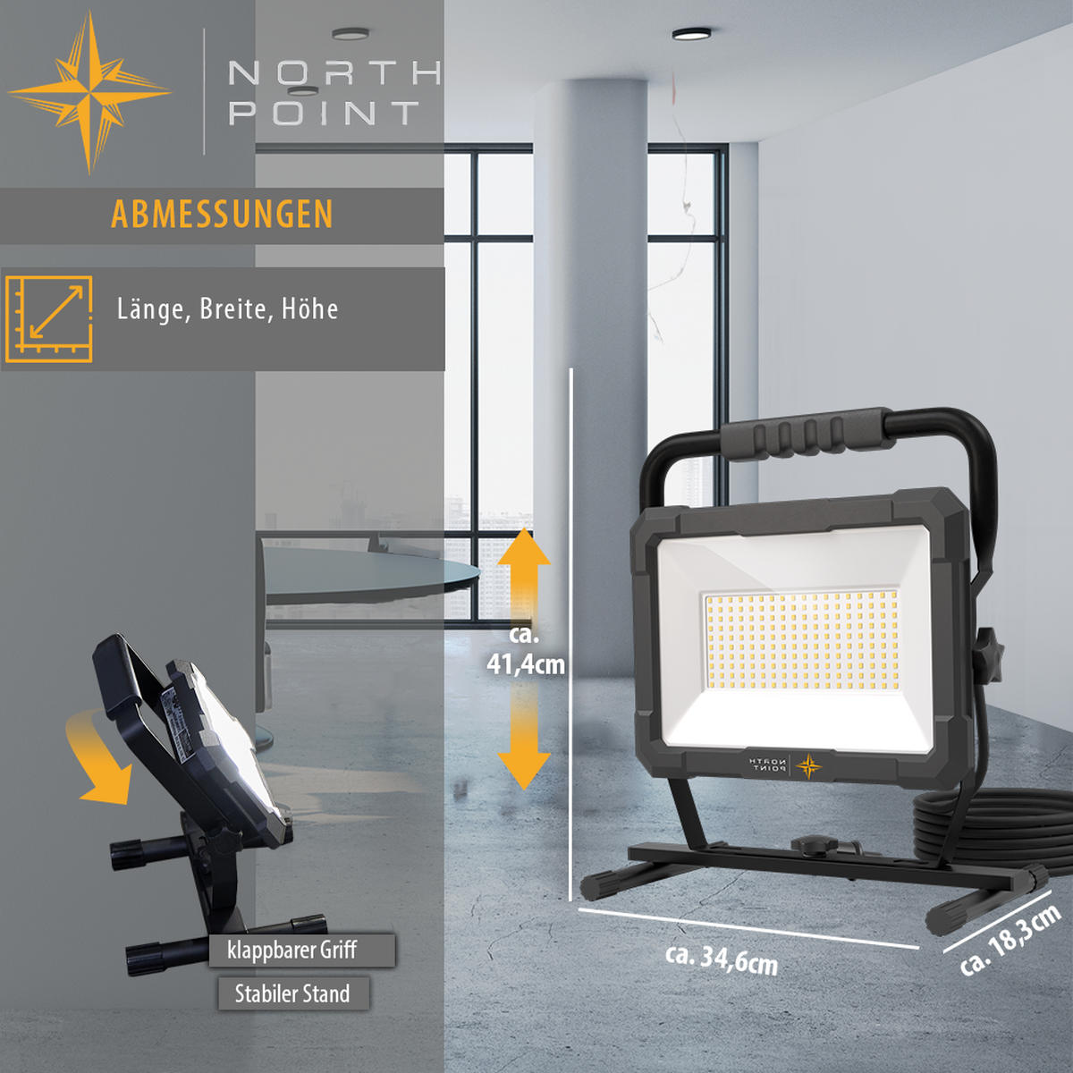 LED-BAUSTRAHLER mit Standfuß - 150W für Innen und Außen, spritzwassergeschützt, ideal für Handwerksarbeiten, 2er-Set - Schwarz, Metall (18.3/34.6/41.4cm) - Northpoint