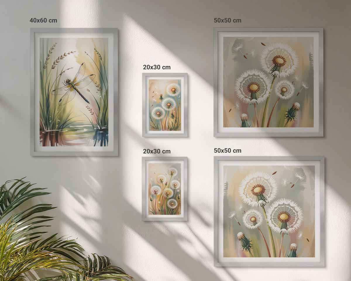 WANDBILDER 5er Set - 50x50 cm & 20x30 cm & 40x60 cm Silberner Rahmen - Pastellfarbene Löwenzahnblüten - Silberfarben, Kunststoff (40/60cm) - ArtPrintCave