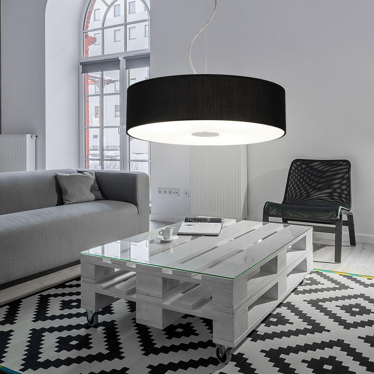 HÄNGELEUCHTE Textilschirm Schwarz gebürstet - Schwarz, Glas (45/45/110cm)