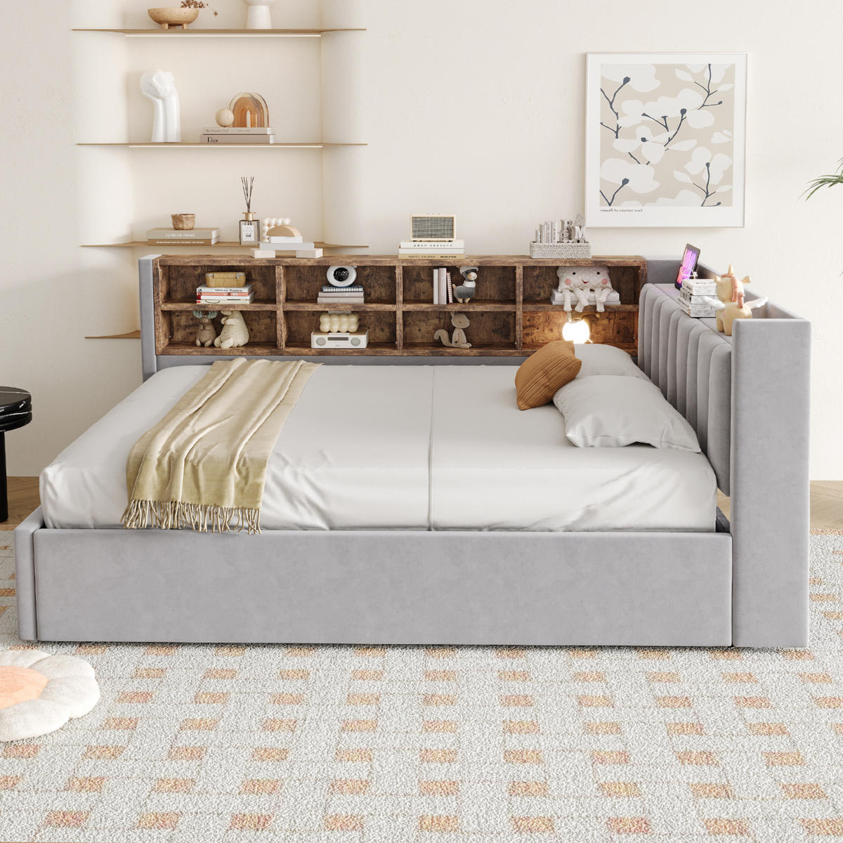 SCHLAFSOFA 140/200 cm in Hellgrau Samt mit Stauraum, LED und USB - Hellgrau, Holzwerkstoff/Textil (140/200cm) - WISHDOR
