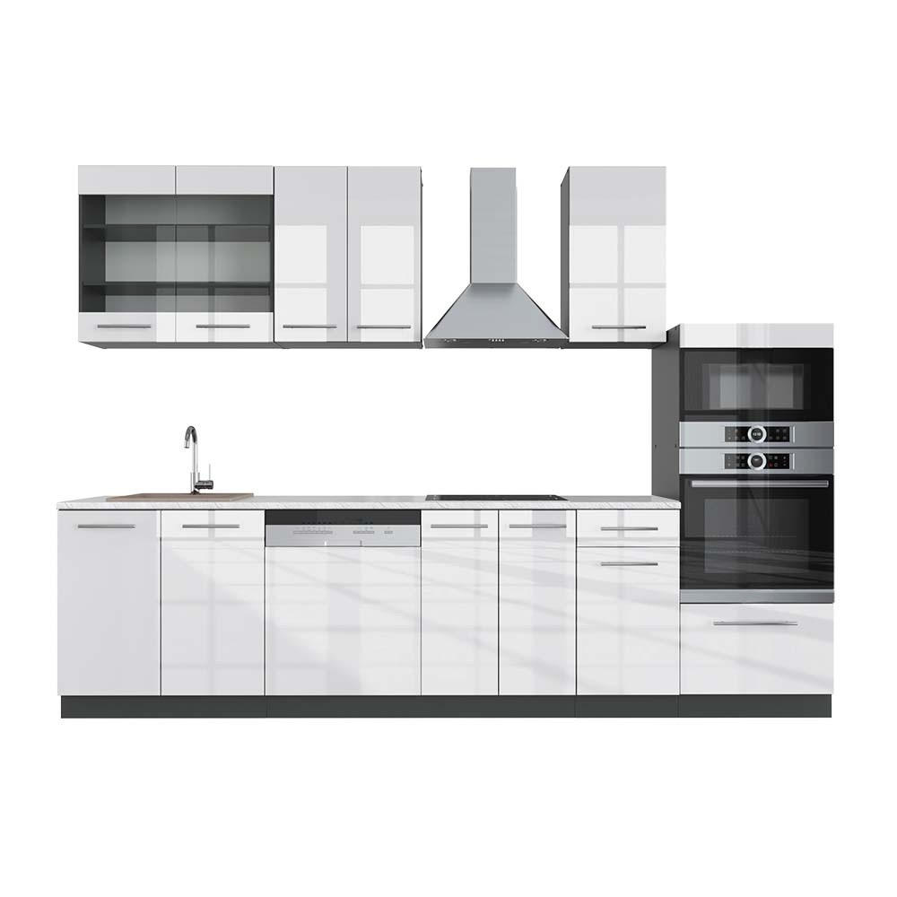 KÜCHENZEILE Fame-Line Weiß Hochglanz/Anthrazit 300 cm mit Hochschrank, AP Marmor - Weiß Hochglanz/Anthrazit, Holzwerkstoff (300/81.6/60cm) - Vicco