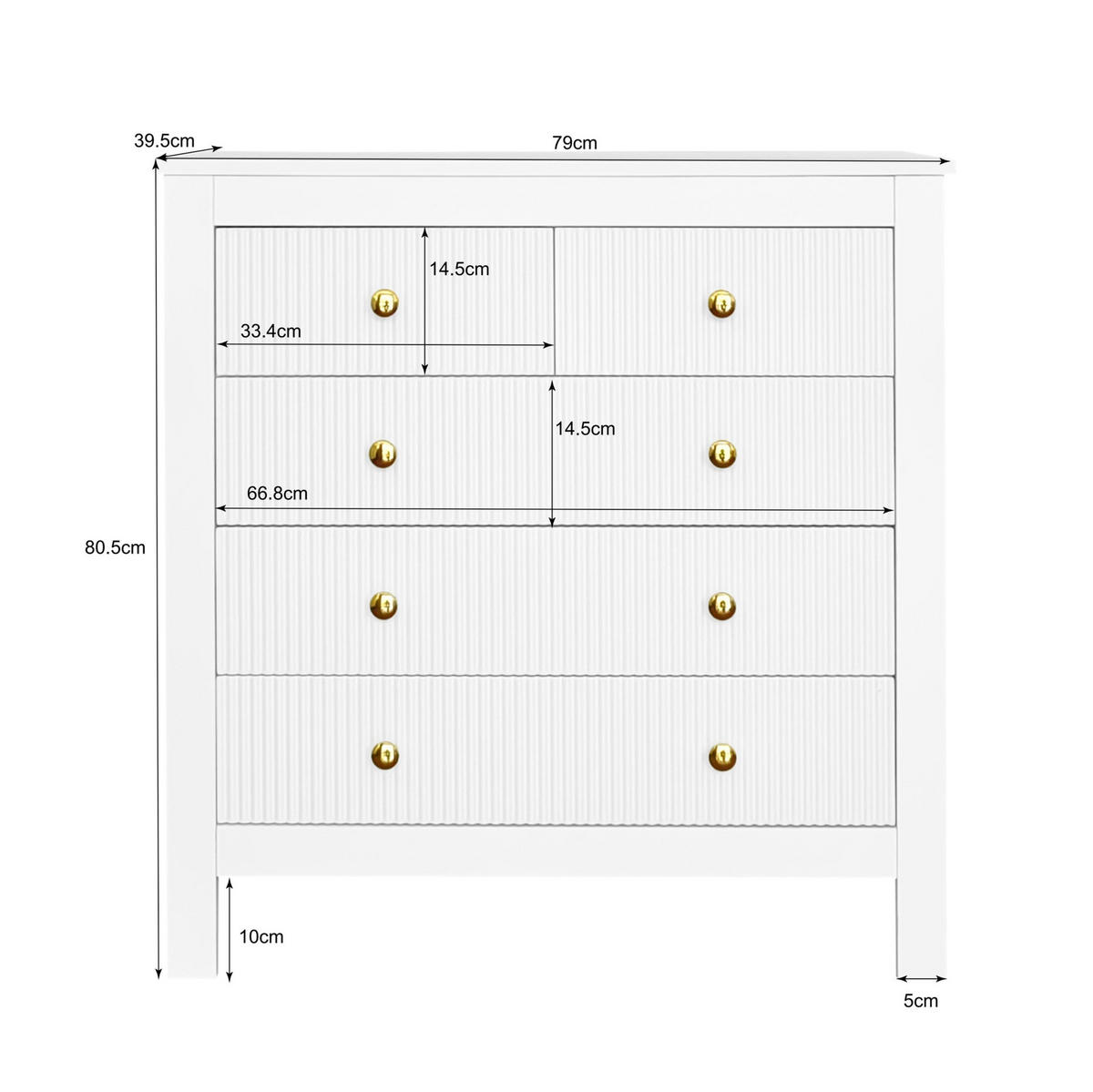 SIDEBOARD 79/80,5/39,5 cm Weiß aus Spanplatte mit 5 Schubladen - Weiß, Holzwerkstoff (39.5/80.5/79cm) - OKMYHOME