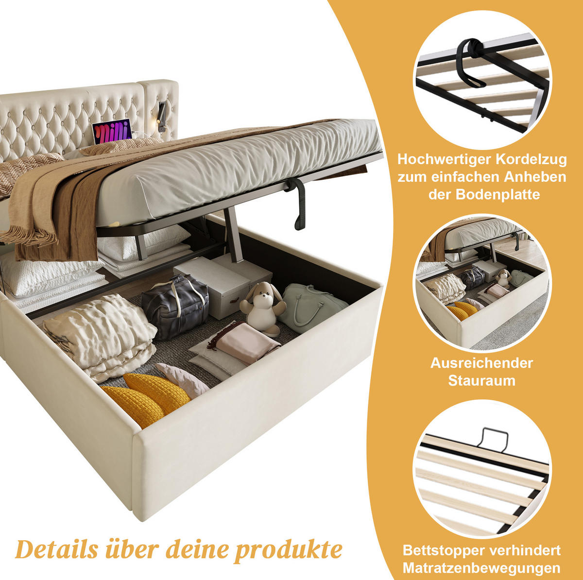 POLSTERBETT aus Samt 180x200 cm Beige mit Bettkasten, Nachttischen, Leselampen und USB-/Type-C-Anschlüssen - Beige, Textil (180/200cm) - Modfu