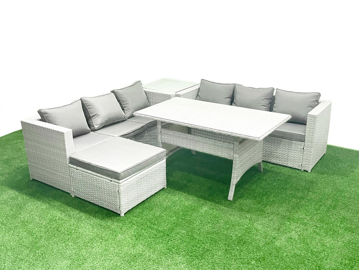 GARTENMÖBEL SET mit Esstisch,Beistelltisch Polyrattan Hellgrau 7-Sitzer - Hellgrau/Grau, Glas/Kunststoff - Fimous