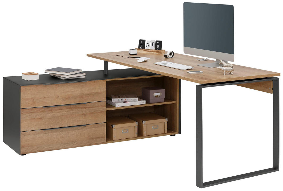 SCHREIBTISCH Yolo in Riviera Eiche und Anthrazit mit Container – Maja Möbel - Braun, Holzwerkstoff (77/181/159cm)