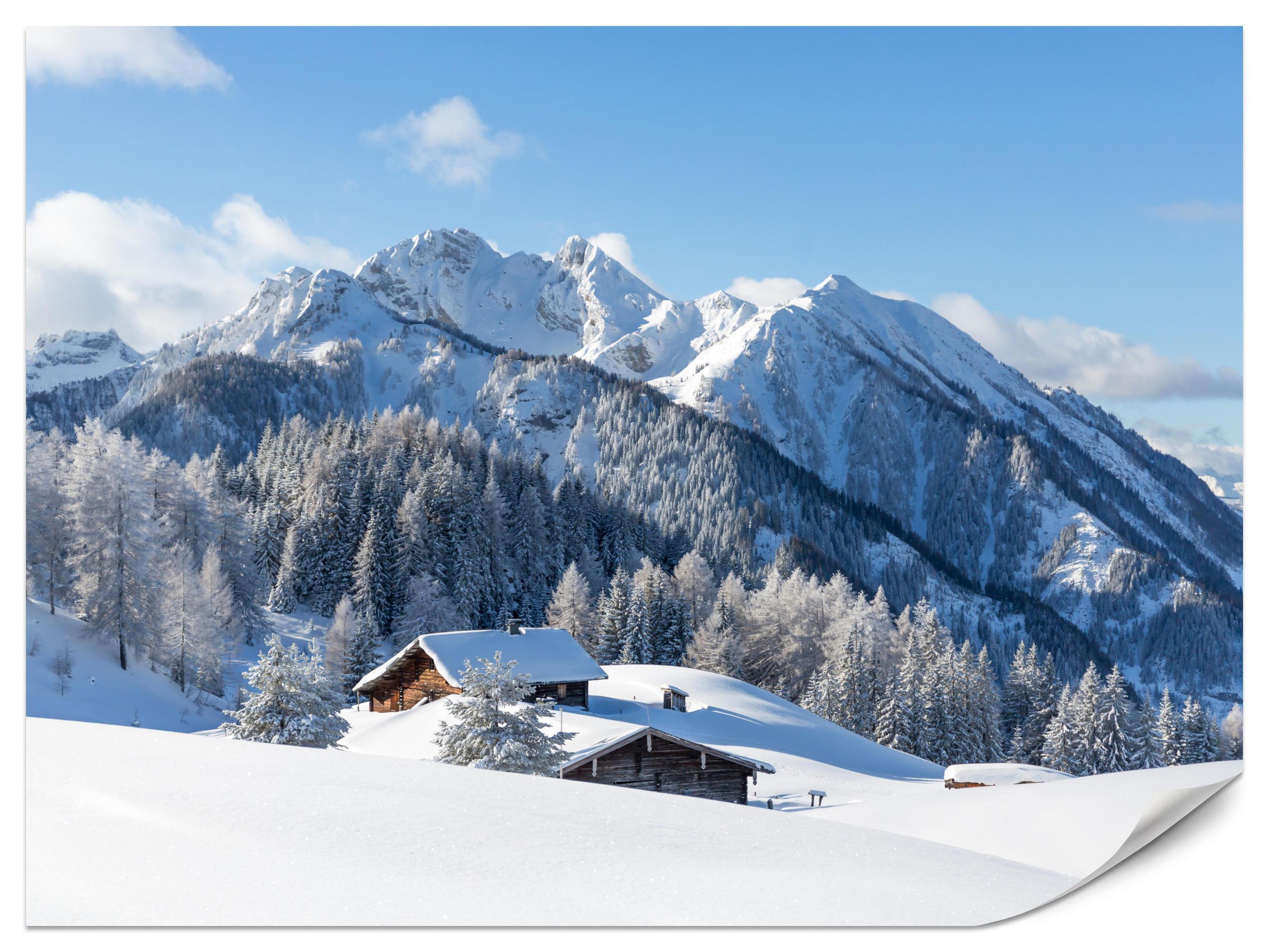 FOTOTAPETE für Wohnzimmer Felsige Berge Winter Tannen Holzhütten Schnee 300x210 - Braun/Weiß, Papier (300/210cm) - Muralo