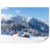 FOTOTAPETE für Wohnzimmer Felsige Berge Winter Tannen Holzhütten Schnee 300x210 - Braun/Weiß, Papier (300/210cm) - Muralo