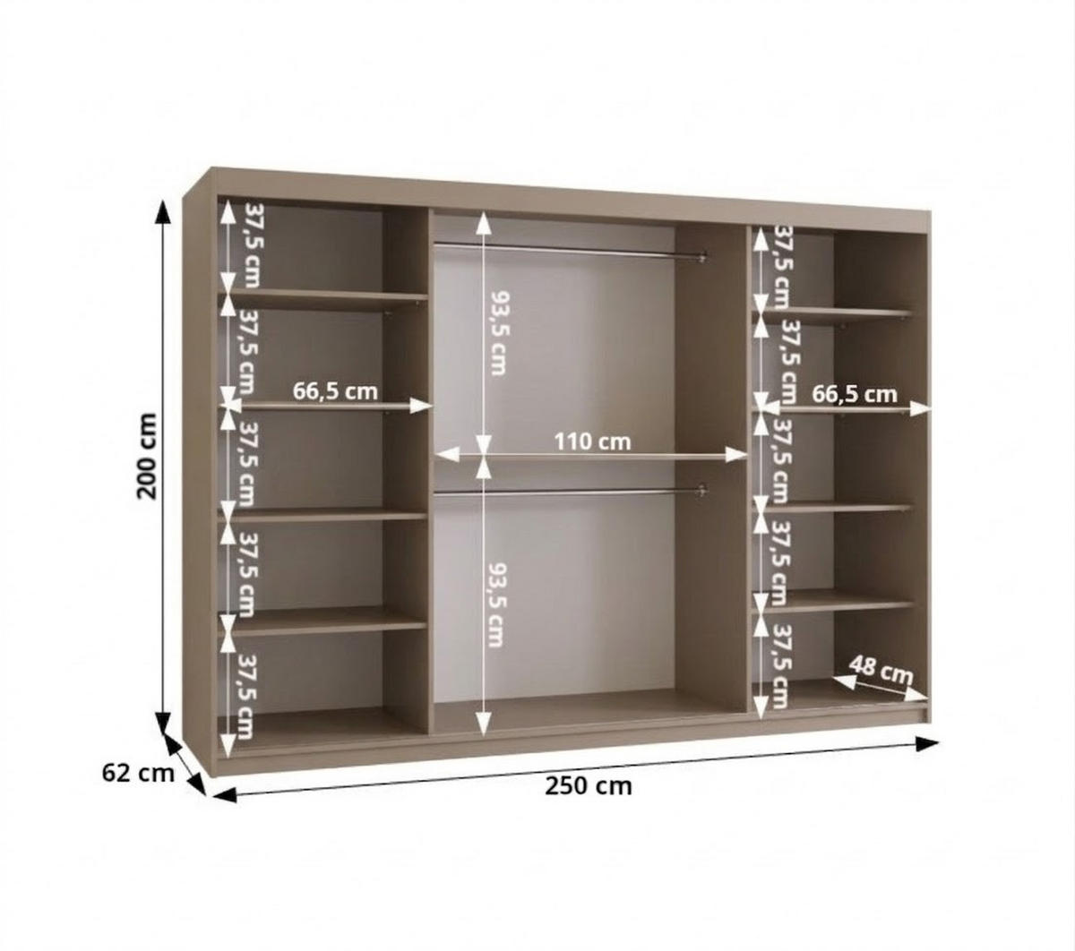 SCHIEBETÜRENSCHRANK mit Spiegel LUCY 200/250/62 3-türig - Kaschmir/Silberfarben, Holz (250/62/250cm) - MÖBEL KRYSPOL