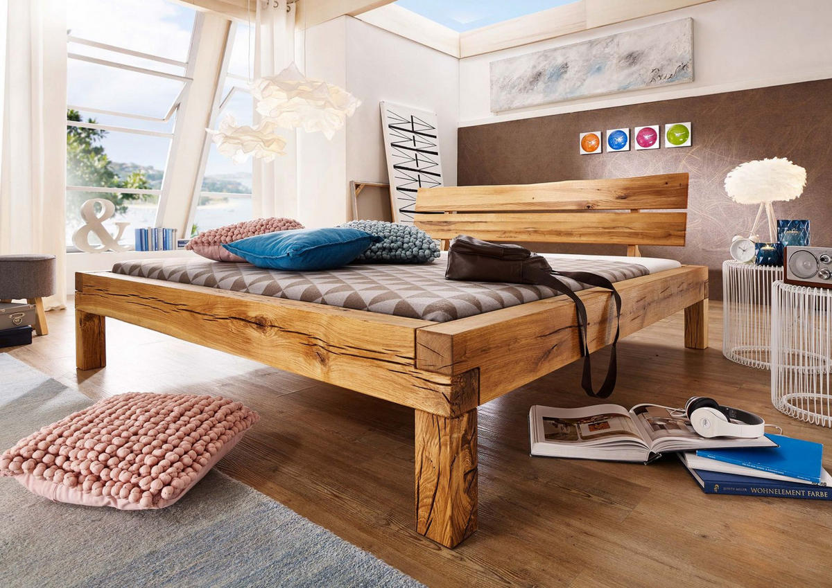 BETT Massivholz Wildeiche 200 x 200 x 85 natur BALKENMÖBEL #613 - Braun, Holz (200/200cm) - Massivmoebel24