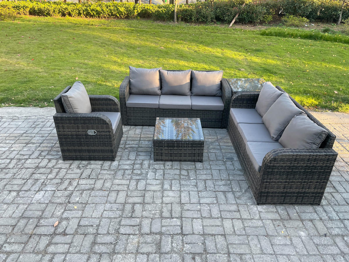 GARTENMÖBEL SET mit 3-SITZER SOFA Polyrattan Dunkelgrau 7-Sitzer - Dunkelgrau/Grau, Glas/Kunststoff - Fimous