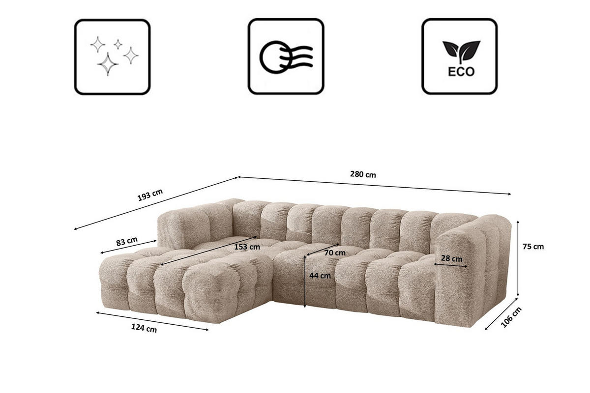 ECKSOFA L-form BALOO L, Chenille-Stoff Arena, Beige, Links - Beige, Holz (280/193cm) - Kaiser Möbel