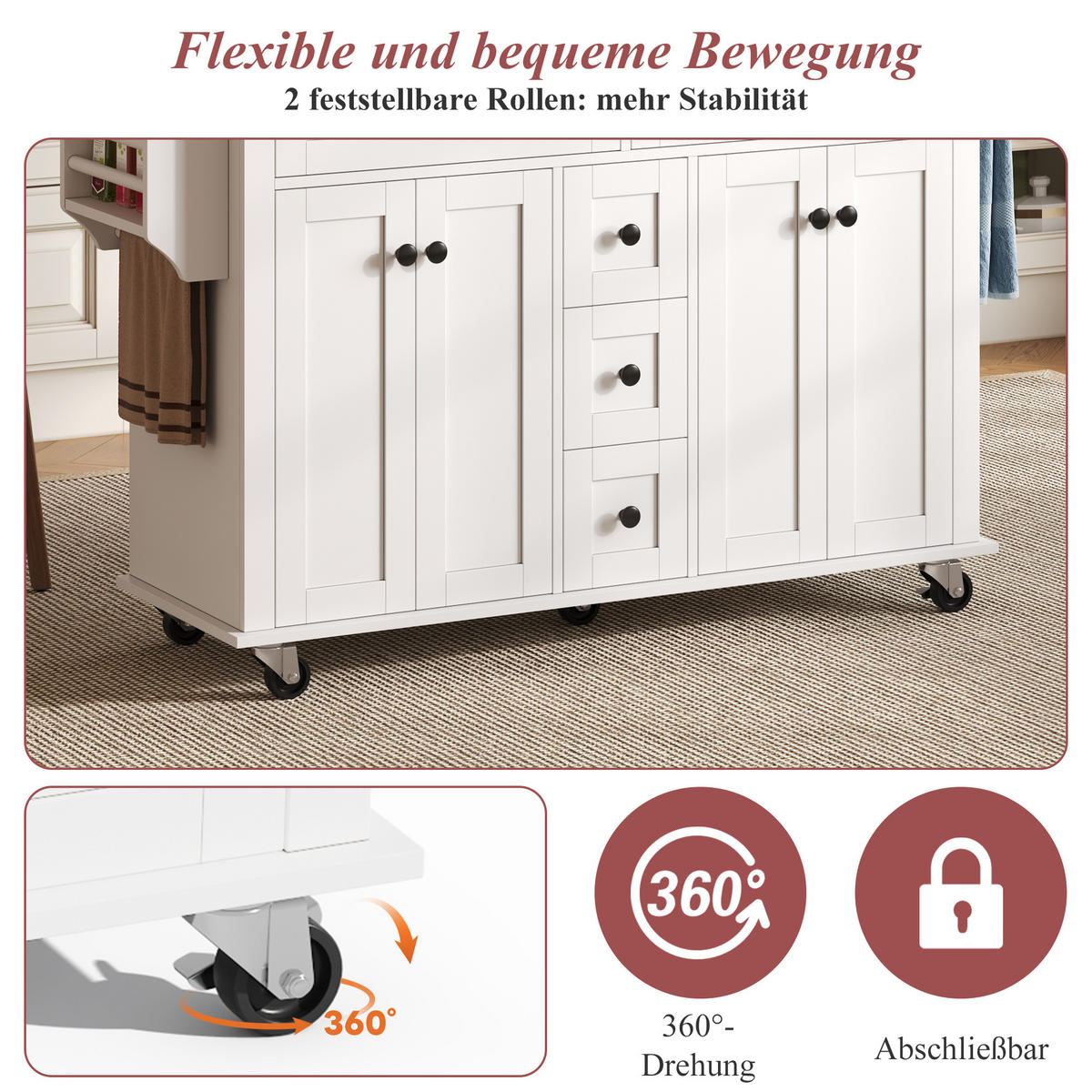 KÜCHENINSELWAGEN 140x65x89cm Weiß mit ausklappbarer Platte, Schubladen & 5 Rollen - Weiß, Holzwerkstoff (140/89/65cm) - Modfu
