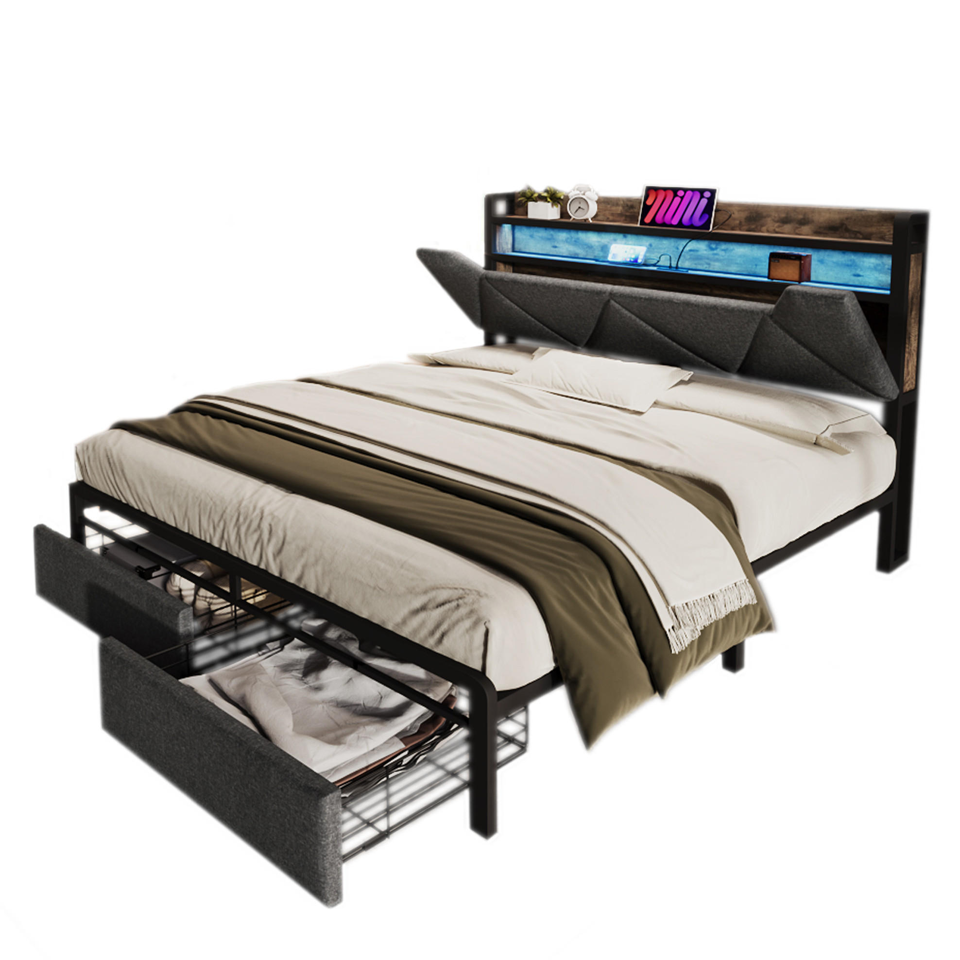 POLSTERBETT 160/200 cm grau aus Leinen mit LED, Stauraum-Kopfteil und 2 Schubladen - Grau, Holzwerkstoff (160/200cm) - OKWISH