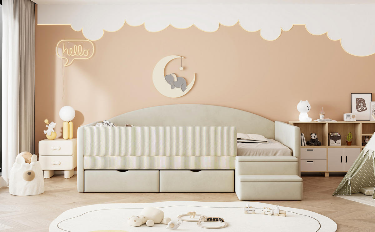 POLSTERBETT 90/190 cm in Beige mit 2 Schubladen und Stufen Samt - Beige, Holzwerkstoff/Textil (90/190cm) - CHICFURN