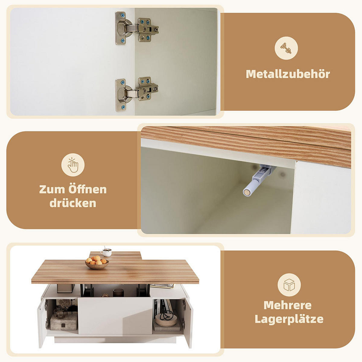 COUCHTISCH mit Doppel-Hebemechanismus，weiß - Weiß, Holz (100/50/55.5cm) - KOMHTOM