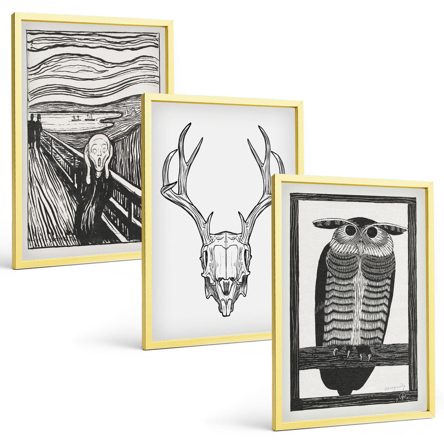 BILDER SET 3er Set - 40x60 cm Goldrahmen - Grafiken mit schreiendem Totenkopf-Eulen - Goldfarben, Kunststoff (40/60cm) - TULUP
