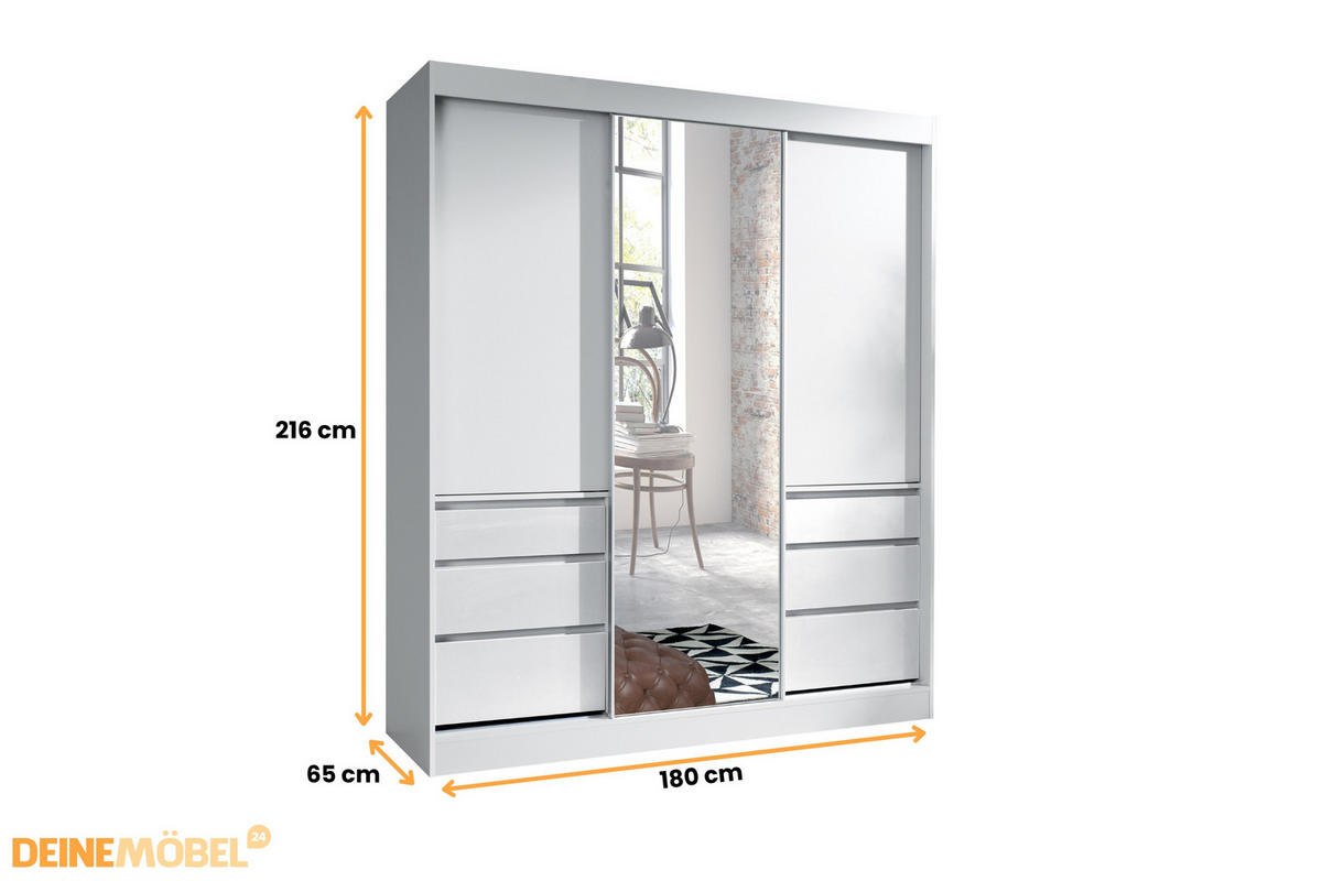 SCHWEBETÜRENSCHRANK HAITI 180/216 cm in Weiß Matt - Weiß, Holzwerkstoff (180/65/216cm) - Deine Möbel 24