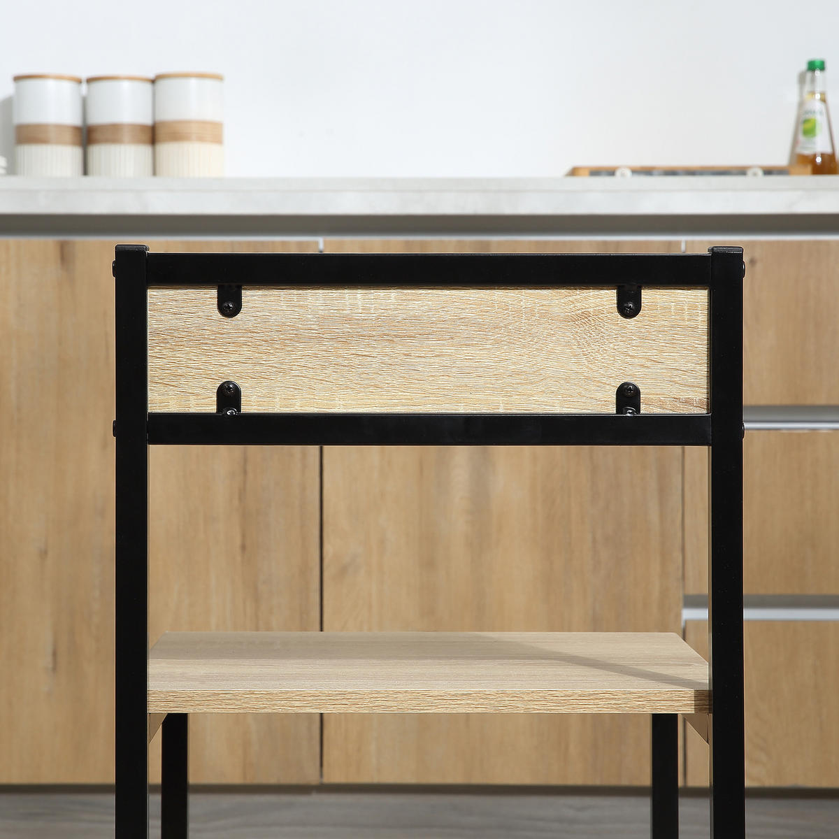 ESSGRUPPE mit Tisch und Stühlen – 1 Tisch + 2 stapelbare Stühle für die Küche – Schwarzes Metall mit heller Eichenholzoptik - Naturfarben, Kunststoff (90/76/47cm)
