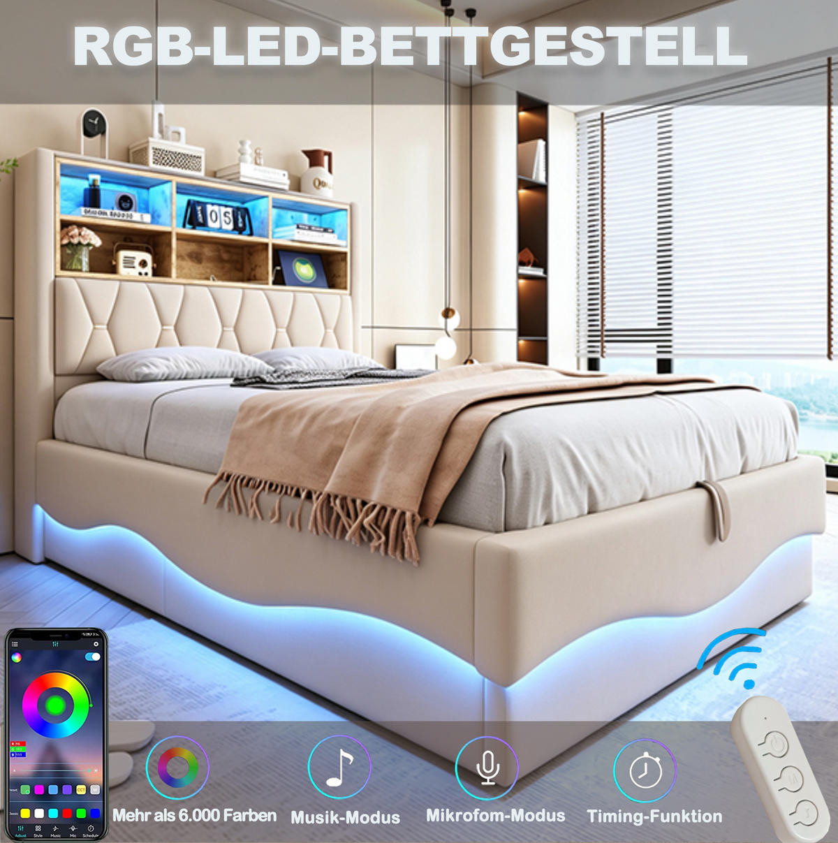 POLSTERBETT aus Leinen, Metall und Holzwerkstoffen 140x200 cm Beige mit LED-Beleuchtung, USB und Stauraum - Beige, Metall (140/200cm) - Modfu